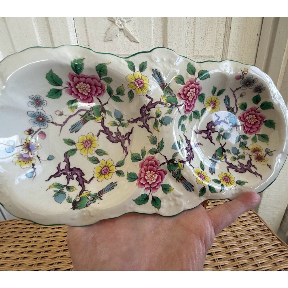 Vintage 50's James Kent Foley Staffordshire Chinese Rose Divided Dish Birds - Picture 9 of 11